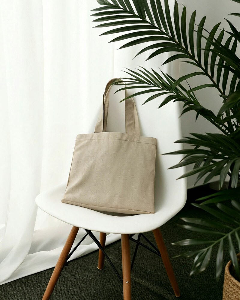 The Tote — canvas tote resting on a white chair beside a palm